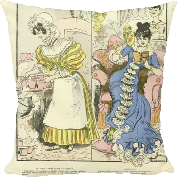 Illustration by Albert Robida (1848-1926) for the Cover of La Caricature (1880), 1884-1-19 - Once and Today - Anti-feminism, Fashion, Gastronomy Cooking, Reading Write - Women
