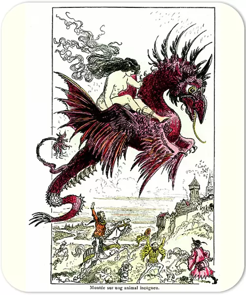 Succubus: female demon (woman - female) riding a dragon - illustration by Albert Robida for the Drolatic Tales by Honore de Balzac - beginning 20th century