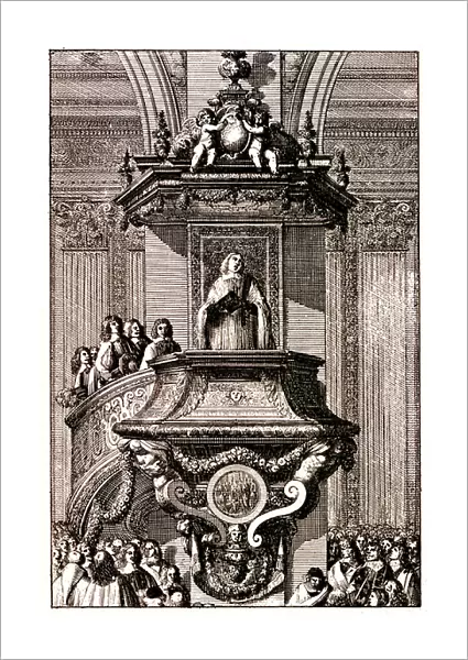 Preacher speaking to the crowd from a pulpit, 1659 (Engraving)