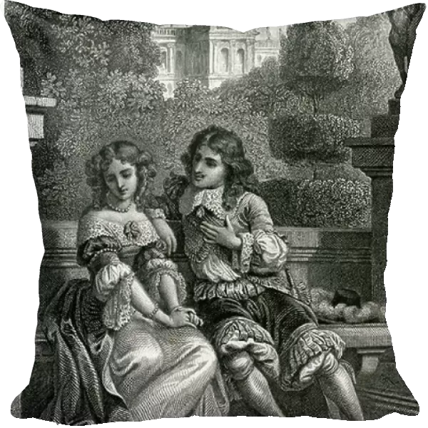 The King of France Louis XIV in the gallant company of Mademoiselle de la Valliere, 19th century (engraving)