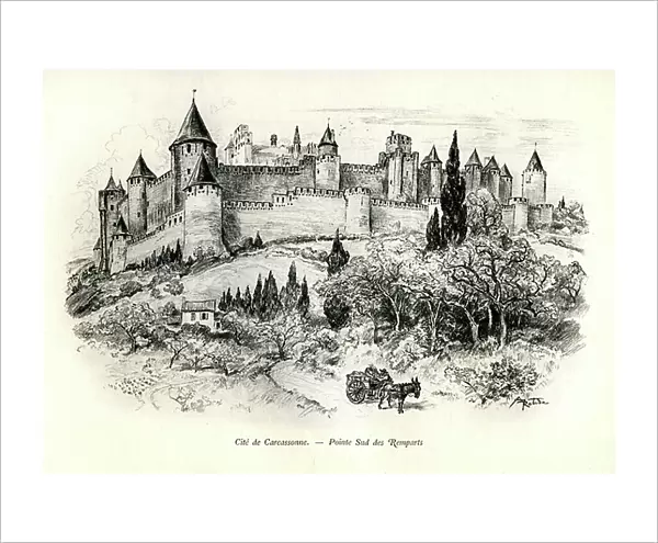 Medievale Cite de Carcassonne (Aude, Languedoc, Pays Cathare) - Point sud des ramparts - Romantic engraving by Albert Robida (1848-1926) in a book published at the beginning of the 20th century