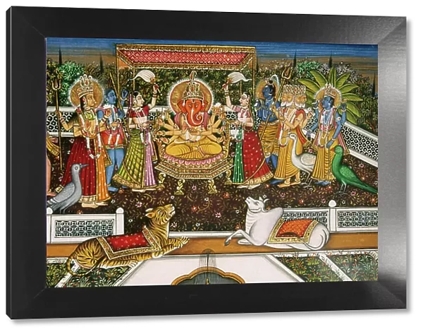Lord Ganesh Ganpati with Brahma, Vishnu, Shiva, Durga, Miniature Painting on Paper