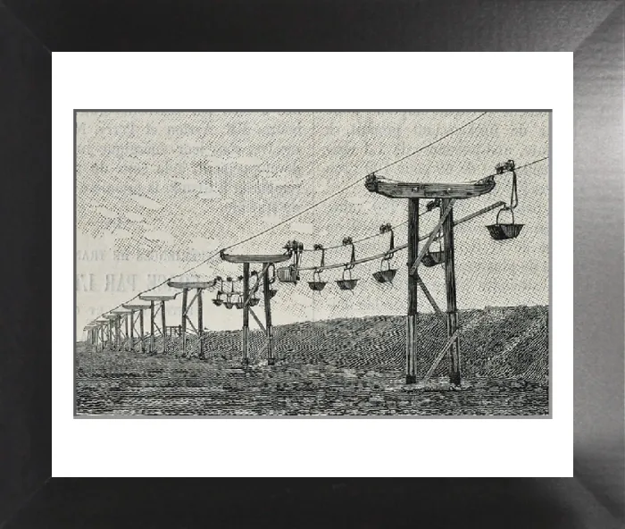 Framed Print : Print of a wire rope railway carrying clay buckets at Glynde, England, 1885 Framed Print : Print of a wire rope railway carrying clay buckets at Glynde, England, 1885