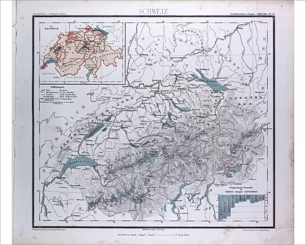Switzerland, Schweiz, atlas by Th. von Liechtenstern and Henry Lange, antique map 1869