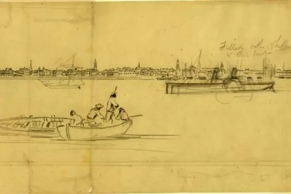 View of Charleston S. C. from on board the Harriet Lane, drawing, 1862-1865, by Alfred