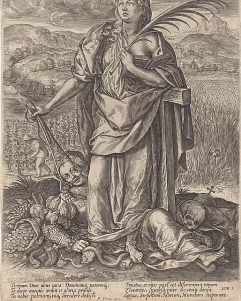 Landscape with Faith, behind her the cross, she holds a palm branch in one hand