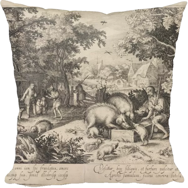 Prodigal son as a swineherd, print maker: Claes Jansz. Visscher II, David Vinckboons