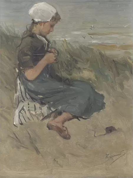 Knitting girl on a dune, Bernardus Johannes Blommers, c. 1870 - c. 1900