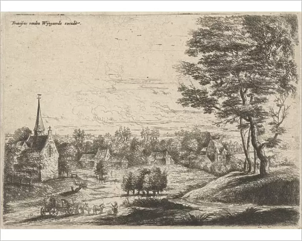 View of a village and a covered wagon, print maker: Lucas van Uden, Frans van den