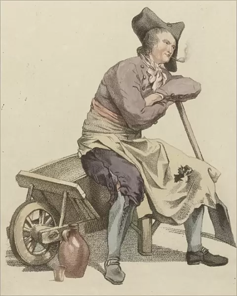 Man sitting on the edge of a wheelbarrow, print maker: Mathias de Sallieth, Jacob Perkois