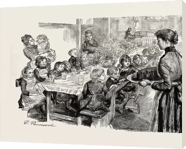 Free dinners to poor children, the dinner table at St. Philips, Stepney, UK, 1889