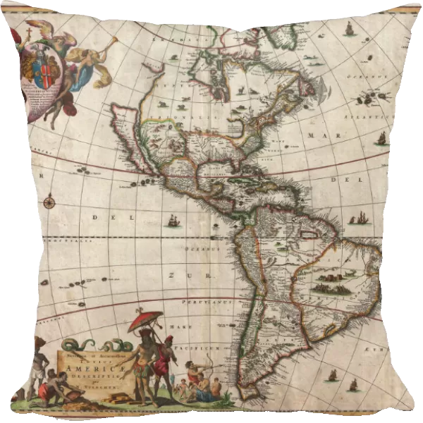 1658, Visscher Map of North America and South America, topography, cartography, geography
