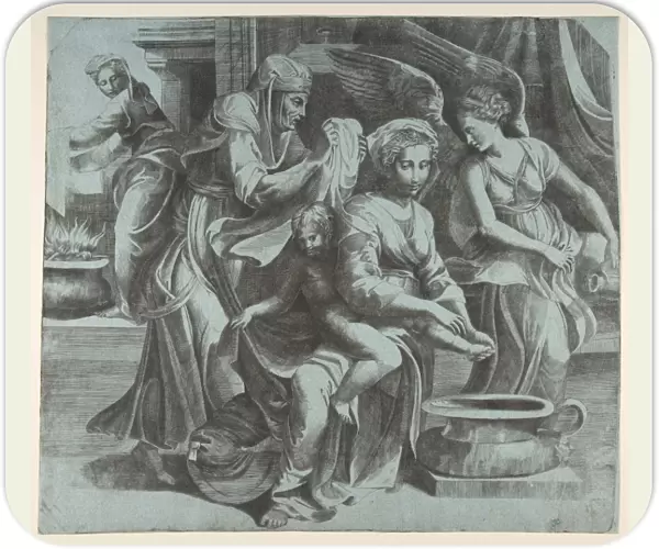Virgin washing Christ Child accompanied figures