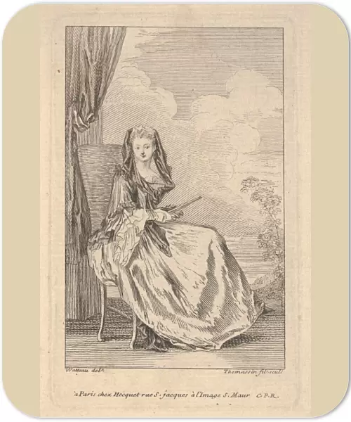 seated woman holding closed fan drawn curtain