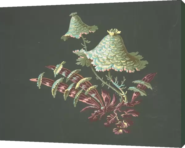 Two Hat-Shaped Chinoiserie Flowers Fanciful Leaves