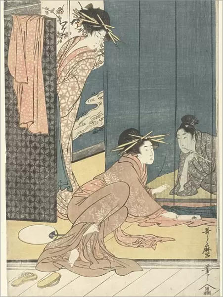 Two courtesans young man under mosquito net Courtesan