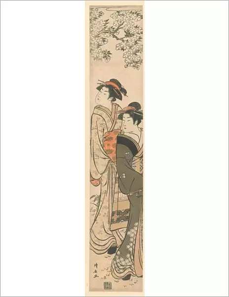 Two courtesan looking sideways under blossoming cherry tree