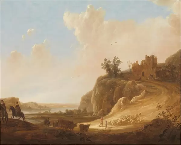 Mountainous Landscape Ruins Castle left foreground two horsemen