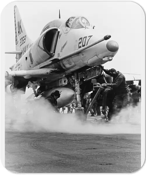An A-4F Skyhawk on the steam catapult aboard USS Intrepid, Vietnam War, 1968