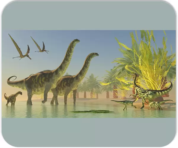 Deinocheirus dinosaurs watch a group of Argentinosaurus walk through shallow waters