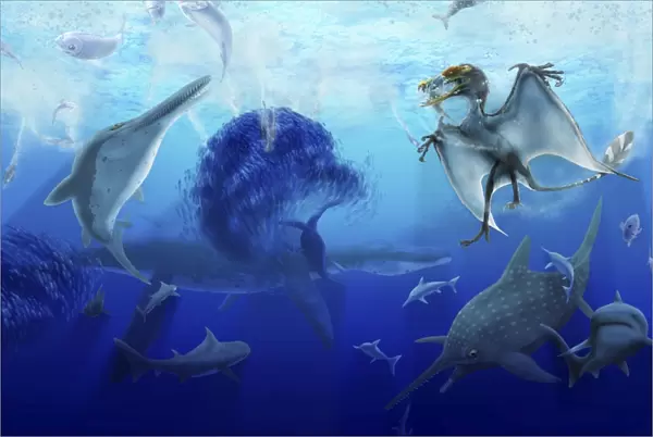 Early Jurassic European pelagic scene with various extinct animals