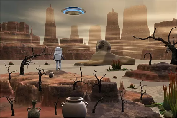 An astronaut on an alien world is confronted by an Egyptian sphinx and UFO