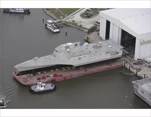 The Coronado littoral combat ship is rolled out at the assembly bay