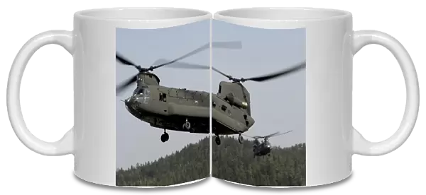 Two CH-47 Chinook helicopters in flight