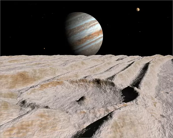 Artists concept of an impact crater on Jupiters moon Ganymede, with Jupiter