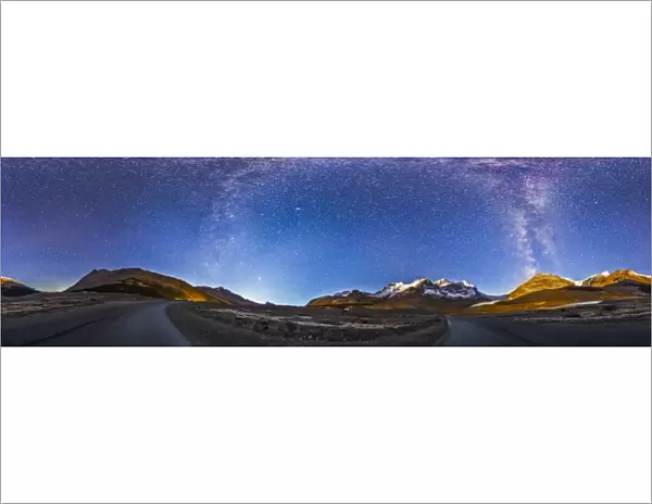 Panorama of the Columbia Icefields and Athabasca Glacier at moonrise