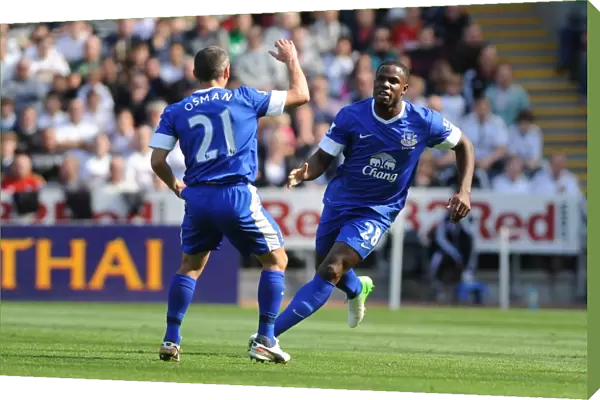 Everton's Victor Anichebe and Leon Osman Celebrate Goal Against Swansea City (Swansea City 0 - Everton 3)