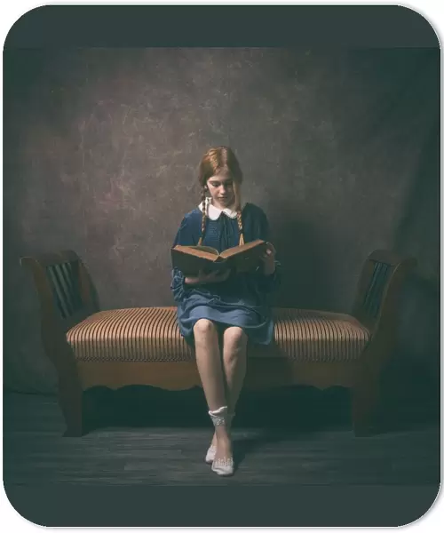 the reader in blue dress