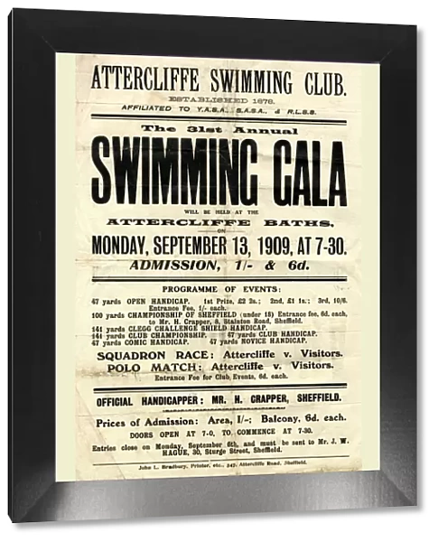 Advertisement poster for Attercliffe Swimming Club 31st Annual Swimming Gala at Attercliffe Baths, 1909
