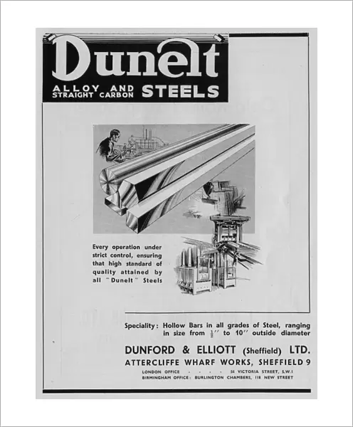 Advertisement for Dunelt Alloy and Straight Carbon Steels, Wharf Steelworks, Chippenham Street, 1939
