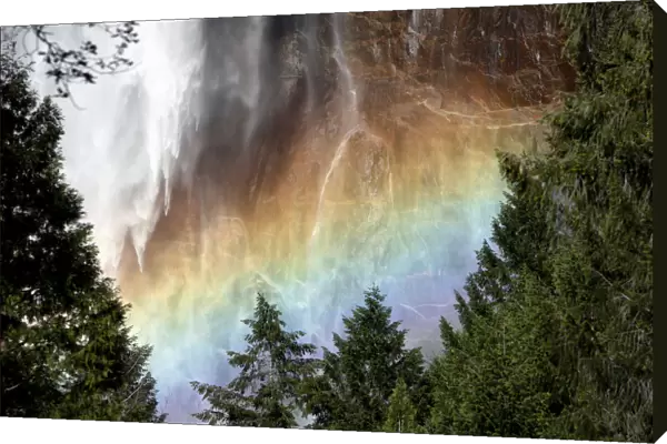 Sunlight creating a rainbow in the spray of the Bridalveil Falls, Yosemite National Park