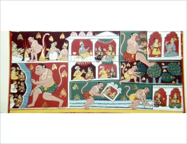 Hanuman, the Monkey-Demon, causing mischief among men, c1730