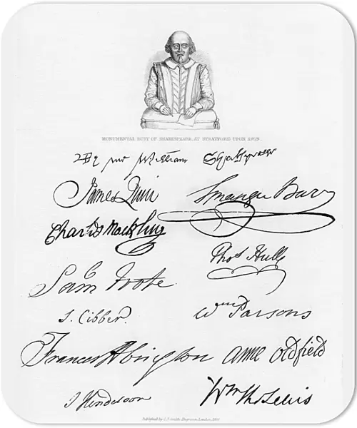 Bust of Shakespeare and signatures of celebrated actors, (1840)