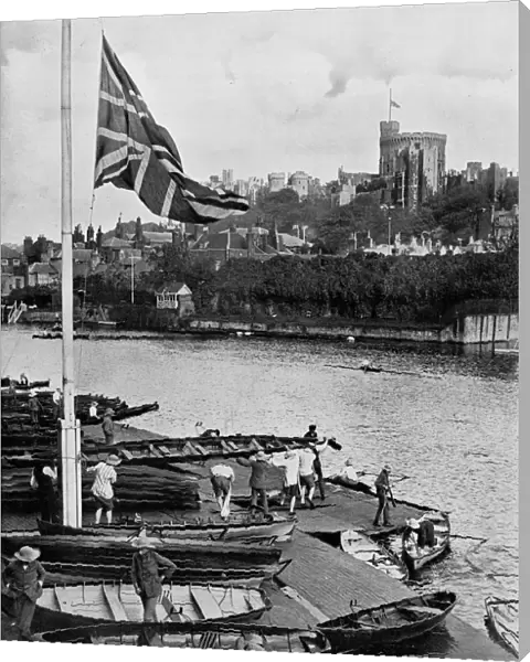 The Union Jack Flying Half mast at the Eton College Boathouse, Berkshire, 1910