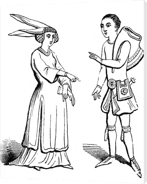 Male and female costume, c1350, (1910)