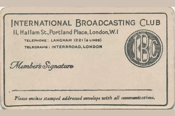 International Broadcasting Club: Membership card, c1930s