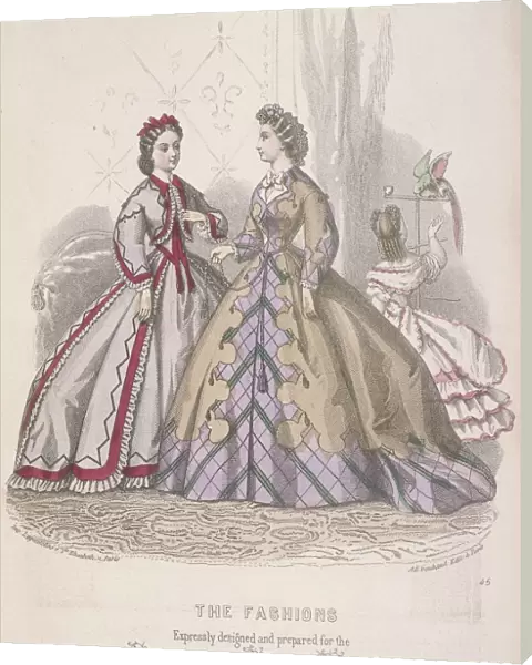 Two women and a child playing with a parrot model the latest fashions, 1864