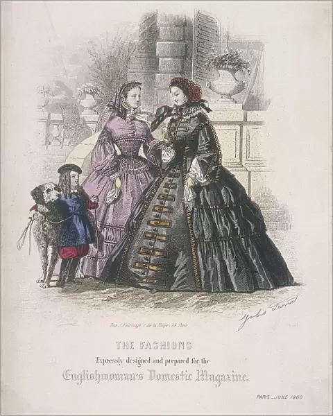 Two women and a child with a dog wearing the latest fashions, 1860
