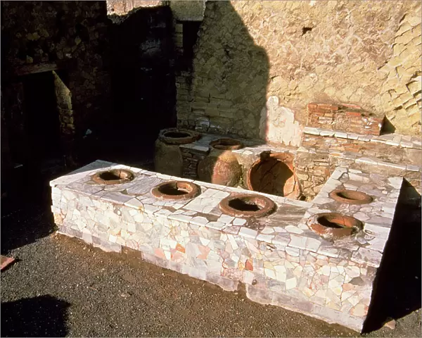 Termopolio ruins, hot food shop, located on Cardo V street, located on the ruins of Herculaneum