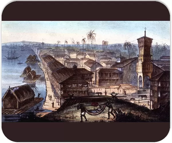 The city and the port of Guayaquil, color engraving