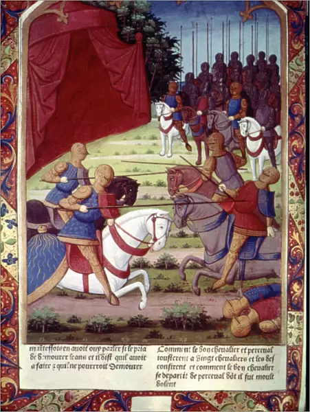 Gilead helps Perceval and they together defeat 20 men, miniature in the incunable