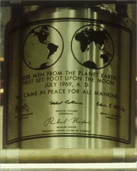 Plaque left on the Moon, Apollo II mission, July 1969. Creator: NASA