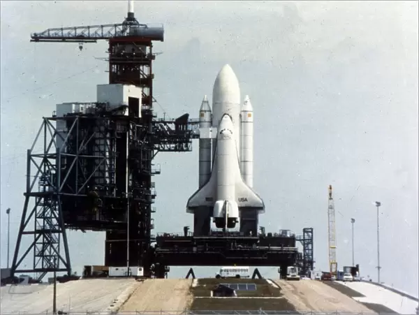 Space Shuttle Orbiter on launch pad on launch pad, Kennedy Space Center, Florida, USA, 1980s