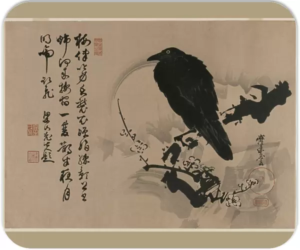 Full Moon with Crow on Plum Branch, 1880s. Creator: Kawanabe Kyosai (Japanese, 1831-1889)