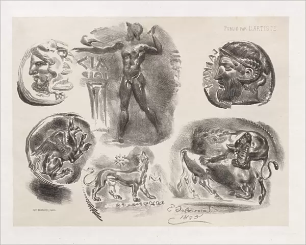 Sheet of Six Antique Coins, 1825. Creator: Eugene Delacroix (French, 1798-1863)