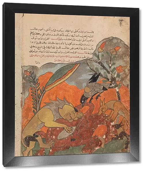 The Attack on the Camel by the Lion, Crow, Wolf, and Jackal, Folio from a Kalila